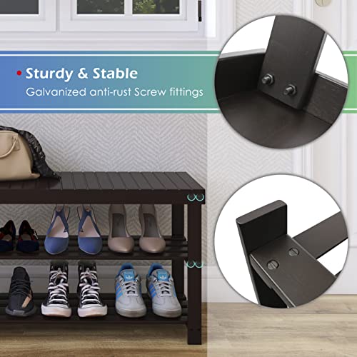 SMIBUY Sturdy Bamboo Shoe Rack Bench, 3-Tier Shoe Organizer, Storage Shelf for Entryway Hallway Bathroom Living Room (Dark Brown) - color: Dark Brown