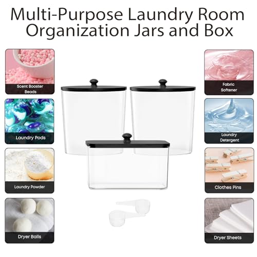 COAZEX 3 Pack Laundry Powder Container & Dryer Sheet Holder, Plastic Laundry Room Organization and Storage Jars with Lids, Labels & Scoops for Powder, Detergent, Scent Booster (Black Lid) - color: A-Clear(Black Lid)