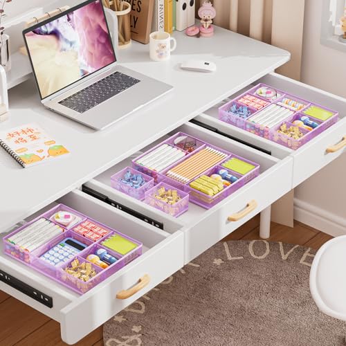 Marbrasse 3 Packs Desk Drawer Organizers, Metal Mesh Dividers with 9 Adjustable Compartments, Pen Organizer for Drawer Tray Box Accessories for Desktop,Kitchen, Makeup(Purple) - color: Purple