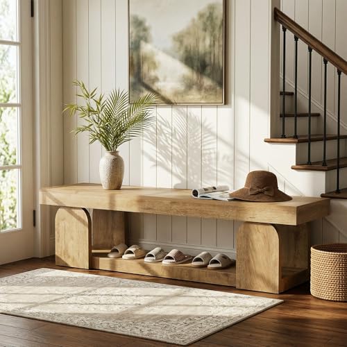 Tribesigns 63-Inch Long Entryway Bench, Farmhouse Entry Shoe Bench with Storage Shelf, Wooden Indoor End of Bed Bench Seat for Bedroom, Hallway, Foyer, Natural