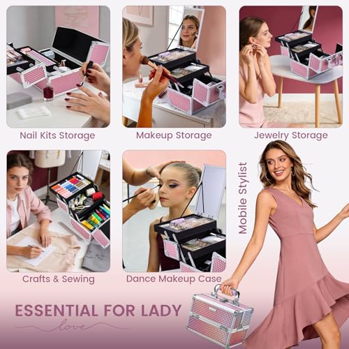 Joligrace Makeup Train Case Makeup Case Organizer Portable Cosmetic Box Storage with 2 Trays Mirror Locking Make Up Travel Case for Nail Kits Cosmetics Craft Traveling Makeup Box Mermaid Pink - color: Beauty Pink