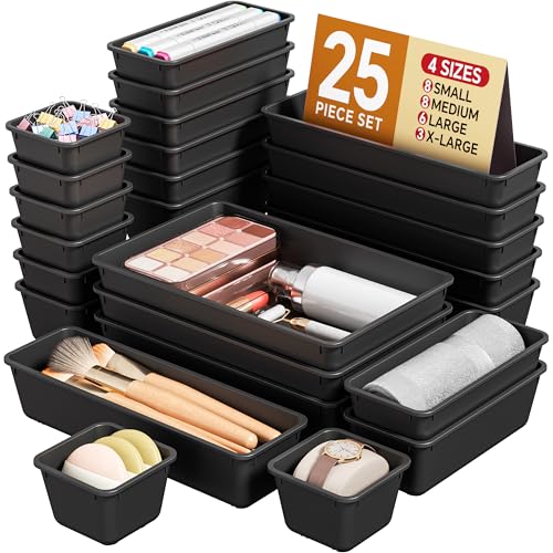 KEMETHY 25 PCS Plastic Drawer Organizers Set, 4 Sizes Vanity Organizer, Makeup and Desk Drawer Organizer Trays, Organization and Storage for Makeup, Bathroom, Kitchen Utensils and Office (Black) - color: Black