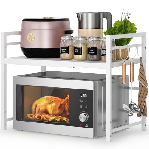 DOLALIKE Microwave Oven Rack, Expandable Microwave Stand Kitchen Countertop Organizer Utensils Storage, Carbon Steel Over Microwave Shelf with 3 Hooks (White, 2 Tier) - color: White, size: 2 Tier (Without Spice Rack)
