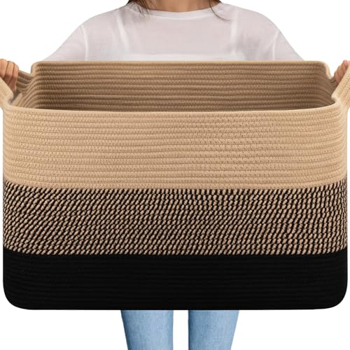 OIAHOMY Extra Large Blanket Basket, 95L Cotton Rope Woven Laundry Basket, Toy Bin for Baby Room, Container for Blanket Storage in Living Room, 24''×17''×14'', Brown & Black - color: Brown & Black, size: 95L