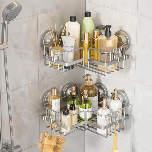 LEVERLOC 2 Pack Corner-adaptive Suction Cup Shower Caddies, Drill-Free Wall Mounted Basket, Stainless Steel Rustproof Corner Shower Shelf, Large Capacity Removable Suction Cup Bathroom Organizer, Gray - style: Corner-adaptive, Gray