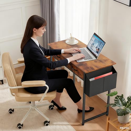 DUMOS 48" Small Computer Home Office Desk for Bedroom with Drawers, Gaming Writing Study Table with Storage Shelf, Adjustable Feet, Metal Frame Natural Brown - color: Brown, size: 48-In