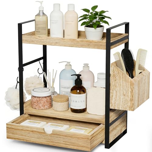 Kottwca 2-Tier Bathroom Counter Organizer with Drawer, Basket & Hooks, Wooden Vanity Shelf for Skincare, Perfume & Makeup Storage(Light Brown) - color: Light Brown