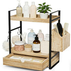 Kottwca 2-Tier Bathroom Counter Organizer with Drawer, Basket & Hooks, Wooden Vanity Shelf for Skincare, Perfume & Makeup Storage(Light Brown) - color: Light Brown