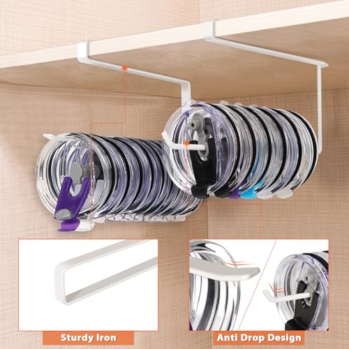 2 Pack Tumbler Lid Organizer, Horizontal Tumbler Lid Storage Hook Up to 20 Lids, Space Saving Cup Lid Holder Under Cabinet Tumbler Lid Hook for Kitchen Organizer, Paper Towel Hanger(Round&Flat, White) - color: White, size: 2 Pack(Round&Flat)