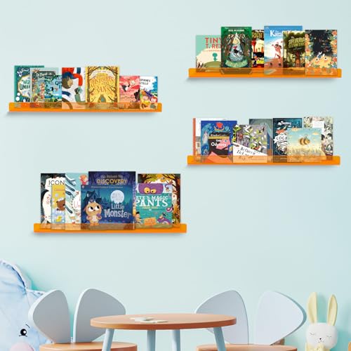 Dezzer 4 Pack Acrylic Shelves for Wall, 15" Acrylic Floating Shelves for Bathroom Bedroom, Invisible Bookshelf Wall Ledge Storage Shelf Books Perfume Toys Action Figure Display Shelves, Clear Orange - style: 15 inch 4-pack Orange