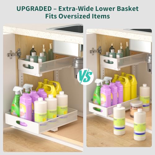 Under Sink Organizer, Extra-Wide Upgrade, 1 Pack 2 Tier Metal Slide Out Cabinet Organizer, Height Adjustable Organization and Storage Series, Bathroom/Cabinet/Kitchen organization, White - color: White - Single Pack, size: Wide Upgraded Version