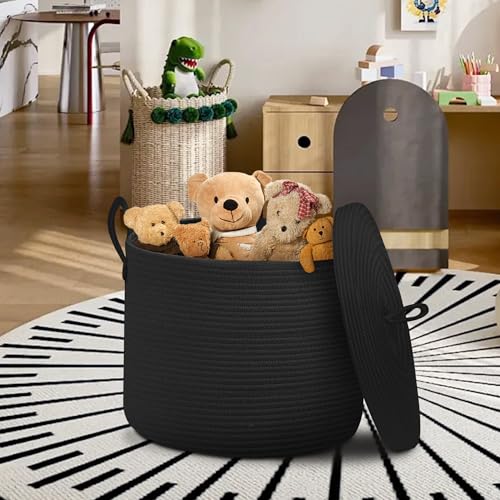 18" X 14" Large Black Basket with Lid, Cotton Rope Storage Basket for Blanket, Toy, Pillow, Towel, Living Room Bedroom Storage Bin, Wicker Woven All Black Organizing Bin with Cover - color: Full Black