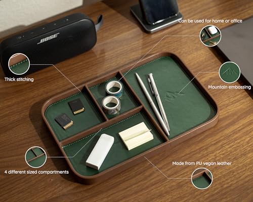 MUUJEE Leather Catchall Multitray (Design 3) - 11.65 x 7.75 x 0.8, Nightstand Entryway Bedside Dump Tray Valet Organizer for Keys Phone Wallet Watch Glasses Pens, Office Desk Accessory for Men, Green - color: Green