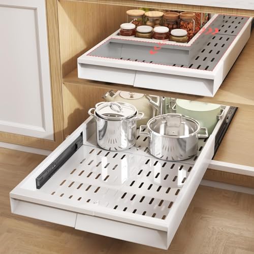Seinloes 2 Pack Pull Out Cabinet Organizer With Raising Pad for Framed Cabinets,Expandable Width (11"-16") and Depth (17"-24"),3 Slide Rails Slide Out Drawers with Handle,No-Drill Roll Out Shelf,White - color: White, size: 11"-16"W x 17"-24"D(2Pack)