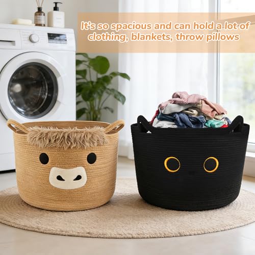 Large Black Cat Basket for Nursery, Cute Cat Woven Laundry Blanket Cotton Rope Extra Storage Basket with Handles, 0rganize Decorative Gifts for Towels Pillow Clothes Hamper Toy Bin,23"D×13"H - color: Black, size: 23 × 13 inches