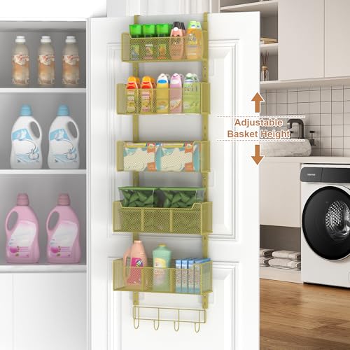 VyGrow Over The Door Organizer, Metal Door Organizer Hanging with 5 Adjustable Baskets and Coat Hook, Behind The Door Storage for Bedroom Closet Bathroom Pantry Cabinet Kitchen, Gold - color: Gold, size: 5-Tier