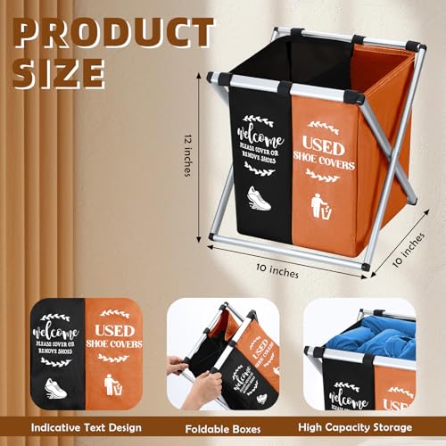 Wonderjune Foldable Disposable Shoe Cover Box Dispenser Fabric Storage Bin Holder with Used Shoe Covers and Welcome Please or Remove Sign for Open House Supplies (Black, Orange) - color: Black, Orange