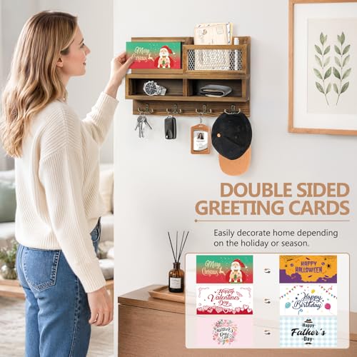 Key Holder Wall Mount, Wooden Mail and Key Organizer with Chalkboard and Mirror, 3 Greeting Cards, 8 Hooks, Brown - color: Brown