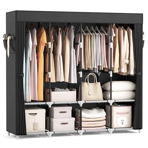 VTRIN Portable Closet for Hanging Clothes 67 Inch Wide Large Capacity Portable Wardrobe Closet with Cover, 4 Storage Shelves and 4 Hanging Rod Sturdy Free Standing Closet for Bedroom, Black - color: Black, size: 4 Row - 67'' Wide
