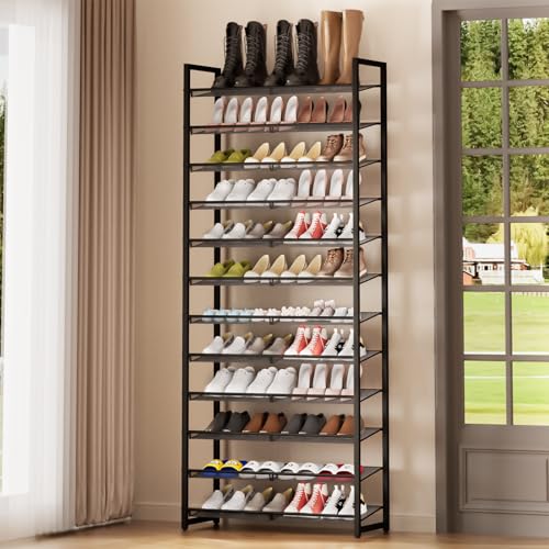 Shoe Rack, 12-Tier Metal Shoe Organizer, Tall Shoe Rack for Closet,entryway,Garage, with Adjustable Flat or Angled Shelves, 52-60 Pairs,Shoes that can accommodate The Whole Family. - color: Black, size: 12Tier