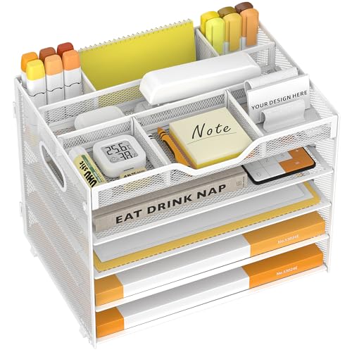 5 Tier Paper Letter Tray with 3 Drop-in Pen Holders, Mesh Desk File Organizer with Handle, Desk Organizers and Accessories for School,Home, Office Supplies Storage-White - color: 5 Tier-White, size: 12.5" x 9.1" x 10.3"