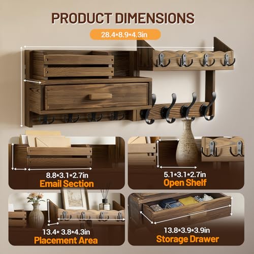 29" Coat Rack Wall Mount with Shelf & Drawer, Heavy Duty Wood Entryway Organizer, Wall Coat Hanger with 12 Metal Hooks, Wall Mounted Coat Rack Key & Mail Holder for Living Room, Bedroom - color: Brown, size: 29 inch