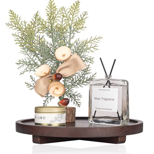 Round Decorative Tray Wood Bathroom Counter Organizer Farmhouse Kitchen Decor Wooden Riser for Soap Dish, Perfume, Candle, Sponge, 10" - Walnut - color: Walnut, size: 10"
