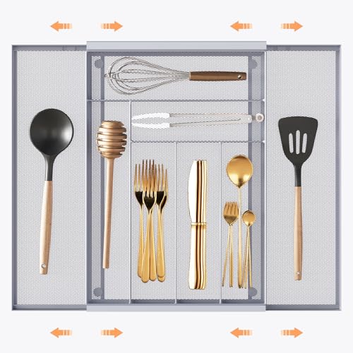 Sedegn Silverware Organizer Metal Mesh, Large Drawer Organizer, Utensil Cutlery Tray for kitchen drawers, Expandable Flatware Organizer with 8 Compartment Silver 11.6"~20" x 17.3" - color: Silver, size: Expandable 11.6"~20" x 17.3"