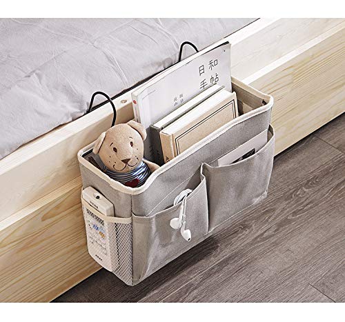 Bedside Caddy,Hanging Basket Bedside Organizer Storage for College Bunk Dorm Rooms Hospital Beds Rails,Grey Canvas Sturdy Iron Frame with Side Mesh Pocket for Glasses Books Phones Keys Cable - color: Grey
