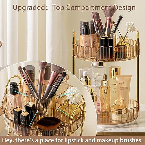shuang qing Rotating Makeup Organizer for Vanity, High-Capacity Skincare Clear Make Up Storage Perfume Organizers Cosmetic Dresser Organizer Countertop 360 Spinning (Gold, New-2 Tier) - color: Gold, size: New-2 Tier