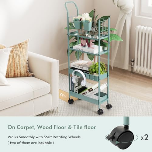 danpinera Rolling Utility Cart with Wheels, 4 Tier 7.7'' Metal Rolling Narrow Storage Cart with Hooks and Hanging Cups on Wheels for Bathroom, Kitchen, Office and Small Spaces, Green - color: Green, size: Slim (4 tier)
