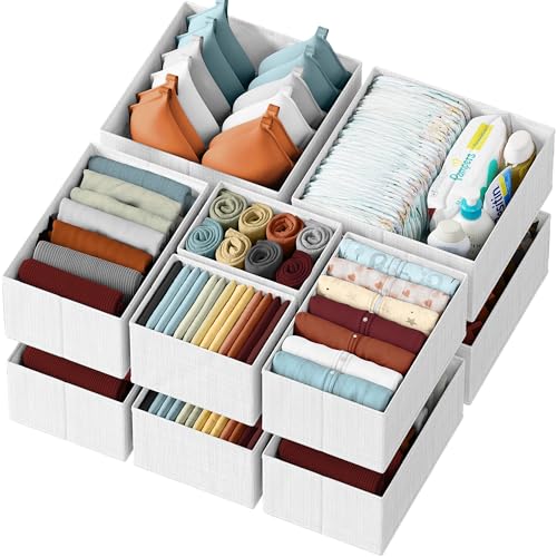 Drawer Organizer Clothes Set of 12 White-Grey - Dresser Organizer For Nursery, Bedroom, Closet - Perfect Baby Clothes Organizer and Storage & General Nursery Organization or Dresser Drawer Organizers - color: White-Grey
