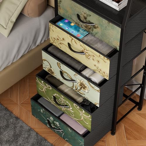 Furnulem Retro 5 Drawers Dresser, Tall Dressers for Bedroom, Closet, Hallway, Nursery, Fabric Storage Tower Organizer, Vertical Nightstand Side Table Furniture, Steel Frame, Wood Top - color: Vintage Floral, style: 5 Drawers