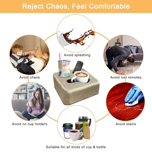 Couch Cup Holder Pillow Tray! Keep Drinks Hand Reach and KeepTemp, Prevent Spills and Use Anywhere. Cup Holder for Couch, Bed, Car, Courtyard, Park, Beach. Pink. Light Khaki - color: Light Khaki, size: 9.4" x 9.4" x 3.9"