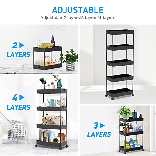 SPACEKEEPER 5-Tier Rolling Cart, Bathroom Storage Organizer Utility Cart, Mobile Shelving Unit Slide Out Shelves for Kitchen Living Room Laundry Room & Dressers, Black - color: Black, size: 5 Tier