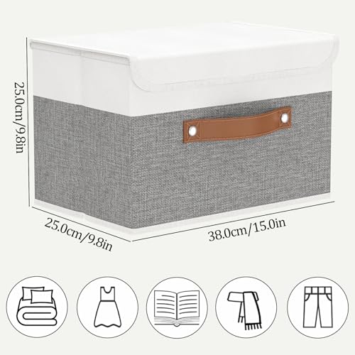 OUTBROS Large Collapsible Storage Box with Lid, Linen Fabric Wardrobe Organiser, Containers For Towels, Clothes, 15 x 9.8 x 9.8 inch (White/Grey, 5-Pack) - color: White/Grey, size: 15x9.8x9.8in(5-pack)