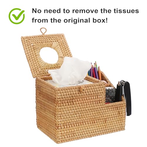 Sumnacon Tissue Box Square Tissue Box Cover with Storage Rattan Tissue Box Holder with 2 Side Organizer,Wicker Tissue Cover Cube Tissue Holder for Bathroom Living Room Table Desk Office - color: Natural