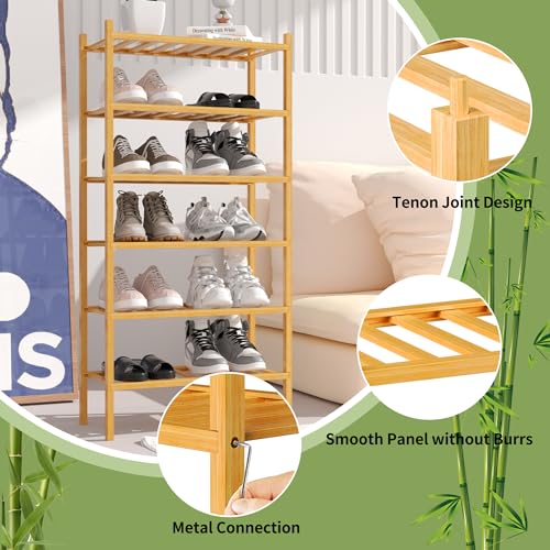 ROMGUAR CRAFT 6-Tier Bamboo Small Shoe Rack, Free Standing Wood Shoe Shelf Storage Organizer for Closet Entryway Stackable (Natural) - color: Natural, size: 6-Tier(Small)
