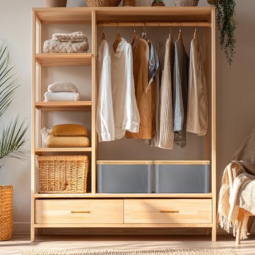 Novabright 2 Pcs Collapsible Storage Basket with Bamboo Lids 15" x 10" Foldable Fabric Storage Bins with Handles for Organizing Shelves Closet Laundry Room Bathroom Clothes Towel(Gray) - color: Gray