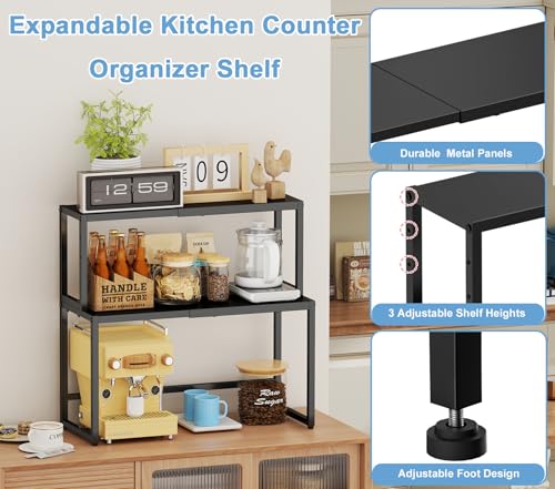 2 Pack Expandable Cabinet Countertop Shelves (Small + Large), Heavy Duty Metal Shelves Organizers For Kitchen Cabinet Countertop Storage, Adjustable Storage Shelf Organizer For Kitchen Cabinet Pantry - color: Black, size: 1 Tier（2 pack/large+small）