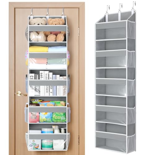 Yecaye Over the Door Organizer 5 Tiers, Heavy Duty Hanging Storage with 5 Large Clear PVC Pockets and 10 Side Pockets, 56lbs Capacity for Closet Door Bathroom Bedroom Nursery Dorm Laundry Room, Grey - color: Grey