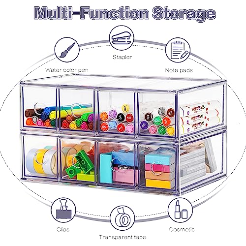 Desk Organizer with 8 Drawers, FODIENS 2 Packs Stackable Desktop Storage Box with Removable Drawer, Clear Sunglasses Organizer Display Case for Stationery Marker Pens Eyeglasses Office Supply - style: 2 Layers - 8 Drawers