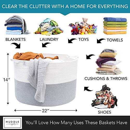 XXXL WASHABLE Large Blanket Basket 85L 2PCs Handmade Decorative Woven Baskets for Storage - Soft Durable XXX Large Cotton Rope Blanket Storage for Living Room, Toys, Organizer 22" x 14" (Grey/White) - color: Grey and White, size: XXXL