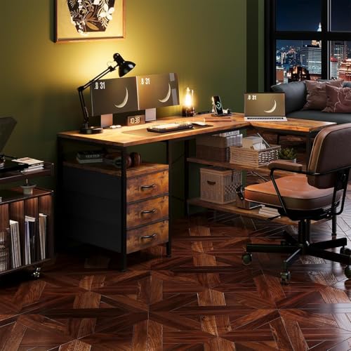 Alpen L Shaped Computer Desk, 55 Inch Corner Desk with Drawers and Power Outlets, Home Office Desk for Gaming, Study Writing PC Table with Storage and Reversible Shelf, Rustic Brown - color: Rustic Brown, size: 55 Inches