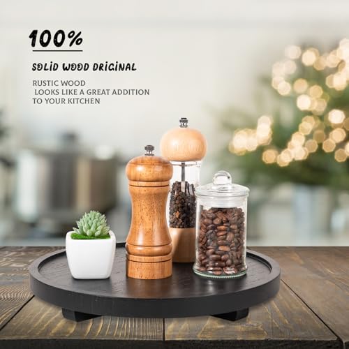 Round Decorative Tray Wood Bathroom Counter Organizer Farmhouse Kitchen Decor Wooden Riser for Soap Dish, Perfume, Candle, Sponge, 11" - Black - color: Black, size: 11"