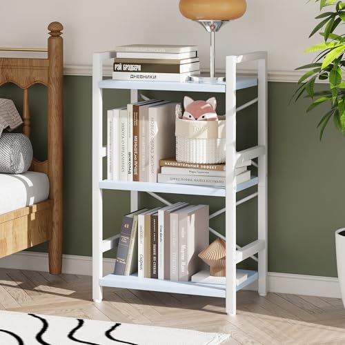 Homeiju Bookshelf, 3 Tier Industrial Bookcase, Metal Small Bookcase, Rustic Etagere Book Shelf Storage Organizer for Living Room, Bedroom, and Home Office(Blue) Patent Pending D29873033 - color: Blue, size: 3 Tier