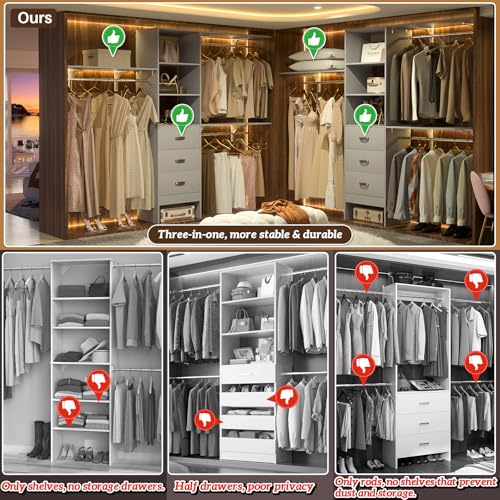 iSunirm 8FT Closet System, 96'' Closet Organizer System with 3 Hanging Rods, Wall Mount Bedroom Wardrobe with 3 Drawers Walk-in Closet, Adjustable Cloth Garment Rack from 5 to 8FT (Cut to Fit), Grey - color: Grey