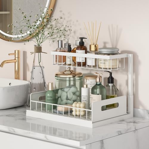 REALINN Under Sink Organizer, Pull Out Cabinet Organizer 2 Tier Slide Out Sink Shelf Cabinet Storage Shelves, Under Sink Storage for Kitchen Bathroom Cabinet, White, 1 Pack - color: White, size: 1 Pack