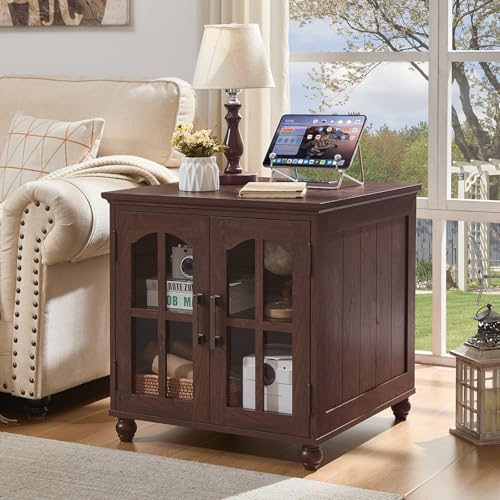 RWYHG Farmhouse End Table with Charging Station,24" Large Sofa Side Table with Glass Barn Door,Rustic Wood Night Stand with Adjustable Storage Shelf,Square Bedside Table for Living Room,Bedroom Office - color: Retro Walnut, size: Set 1