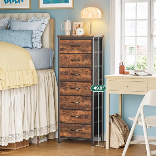 Huuger Tall Dresser for Bedroom, 7 Drawer Dresser & Chests of Drawers, Fabric Drawer for Closet, Bedroom, Night Stand, Metal Frame, Storage Tower with Fabric Bins, Rustic Brown - color: Rustic Brown, size: 50.0inch(7 Drawers)